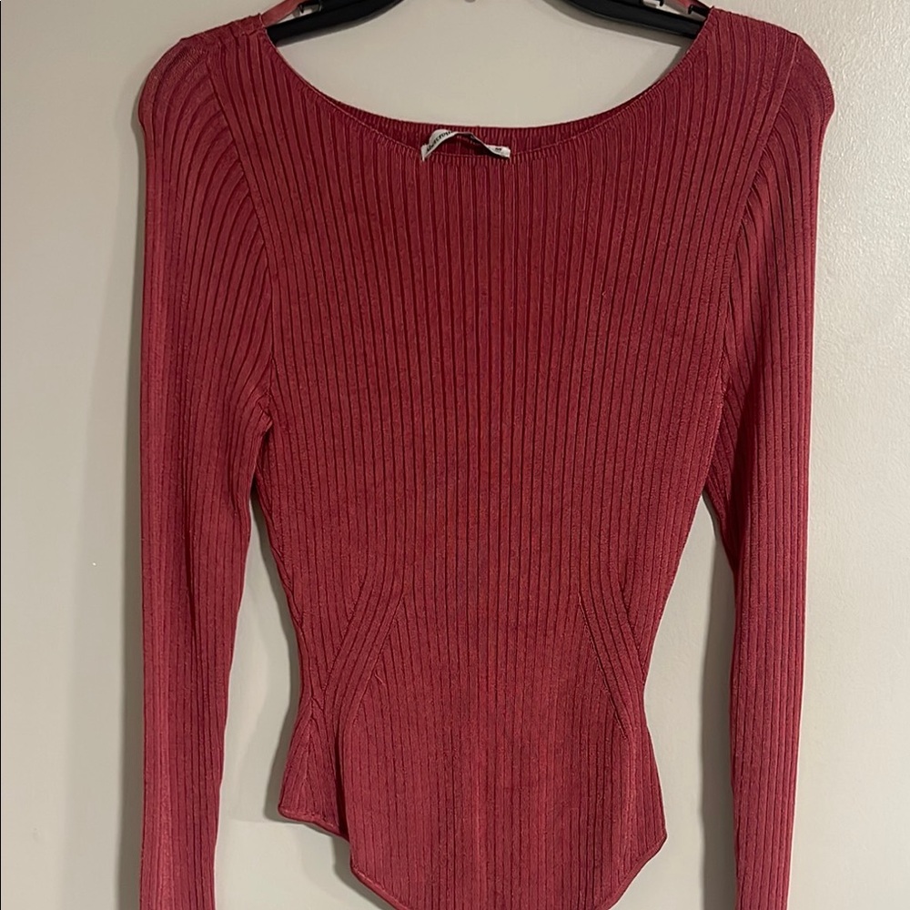 Abercrombie & Fitch Red Ribbed Bodysuit with Fitted Peplum